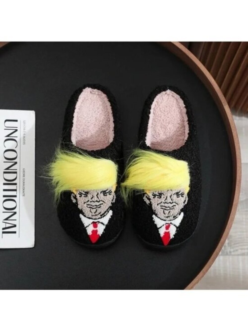 NEW Trump Size 10 Black Yellow Hair Lounging Slippers